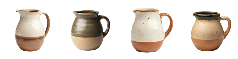 A group of artisanal ceramic pitchers jugs and vases in natural earthy tones and rustic handcrafted designs showcasing the beauty of traditional pottery