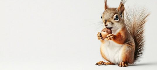  A charming little squirrel holding an acorn, sitting cutely on a white surface. 