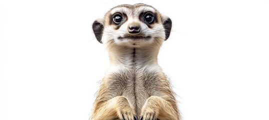  A charming meerkat standing upright and looking alert on a white background. 