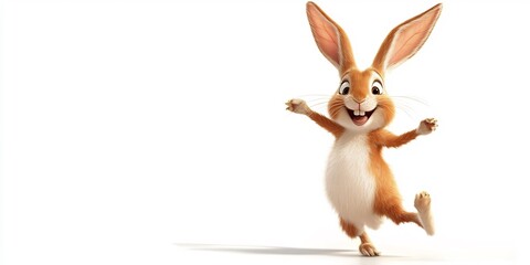  A cheerful rabbit with long ears hopping playfully against a white background. 