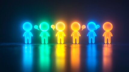 Colorful glowing figures engaging in conversation during a creative digital setting