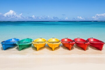 Obraz premium Colorful Kayaks Lined on Beach Shore with Clear Blue Ocean View