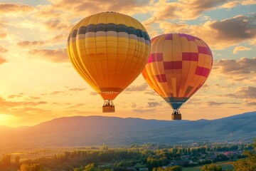 Fototapeta premium Colorful Hot Air Balloons Soaring Above Scenic Sunset Landscape