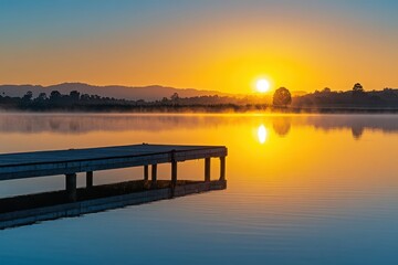 Obraz premium A serene sunrise over a misty lake with a wooden dock extending into the calm reflective water surface transparent background