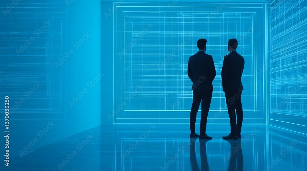 Poster two professionals observing digital data visualization in a modern space.
