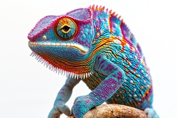  A colorful chameleon blending in with its surroundings, set against a pure white backdrop. 