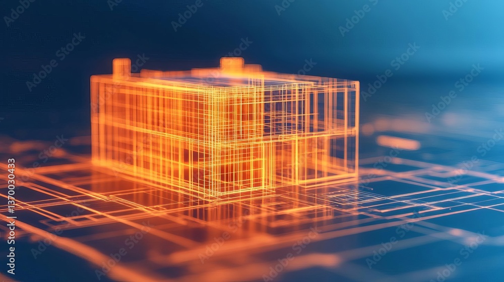 Poster 3d rendering of an architectural blueprint with neon outlines and grid structure.
