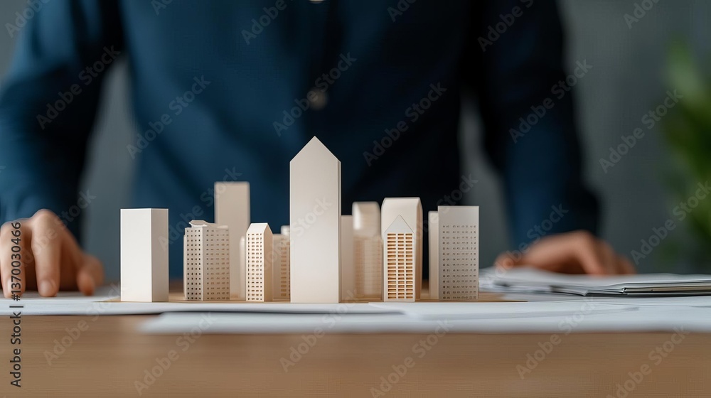 Poster architect reviewing a detailed miniature city model for design planning and development.