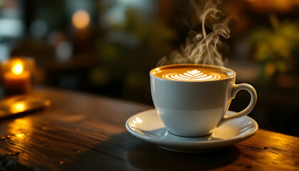 Obraz premium Cozy Latte with Intricate Art on Wooden Table and Warm Lighting