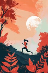 Fototapeta premium Celebrating world run day with nature-inspired artwork of a runner in abstract landscape. Vertical banner. Copy space. Flat illustration. Healthy lifestyle, fitness