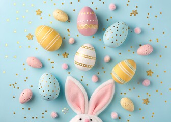 Fototapeta premium Easter Party Concept with Bunny Ears & Colorful Eggs on Pastel Blue Background