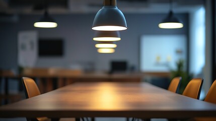 Minimalist meeting table with soft lighting, symbolizing focus and professionalism in a modern workspace.