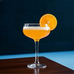 Glass of refreshing orange juice with ice and a slice of orange on a white table