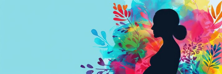 Celebrating world maternal mental health day with colorful floral background design. Horizontal banner. Copy space. Postpartum depression concept. Postnatal care services, women's wellness