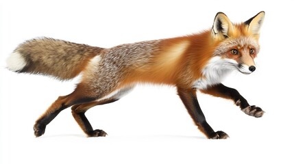  A curious red fox with a fluffy tail, captured mid-pounce on a white backdrop. 