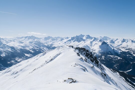 Snowy mountain range under a clear blue sky. Peak in sharp focus