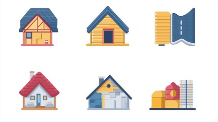 Fototapeta premium House insulation line icons. Warm insulation materials for walls and ceiling, home renovation and construction. Vector flat set of roof rockwool and thermal icon illustration