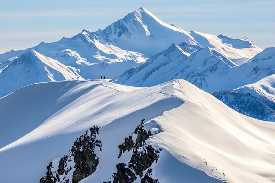 Snowy mountain range with hikers on a ridge under a clear sky