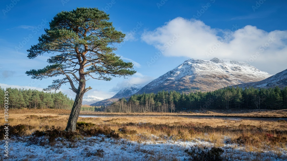 Poster a scenic view of a coniferous tree in the foreground, with a snowy mountain backdrop.