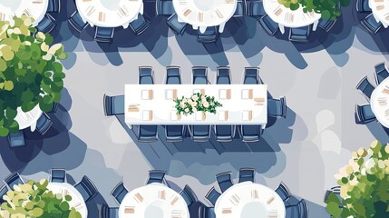 Wedding seating plan. Conference banquet and seminar classroom interior, conference hall and seminar room interior design. Vector top view of arrangement of banquet furniture seats illustration