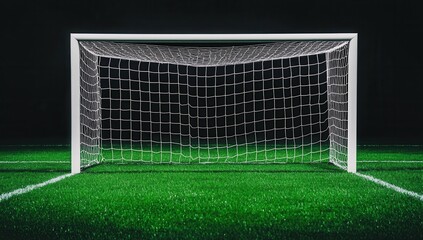 Fototapeta premium Soccer Goal Structure with Net on Lush Green Field at Night