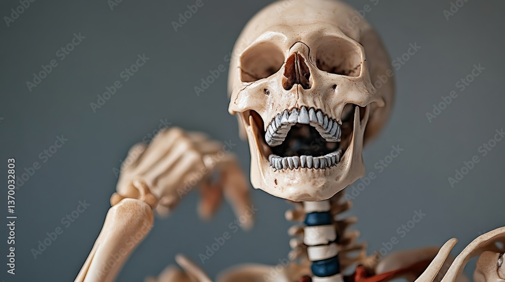 Poster skeleton is smiling and has its mouth open. the skeleton is made of plastic and is posed to look lik