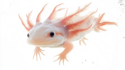  A cute little axolotl swimming gracefully in an imaginary pond against a white backdrop. 