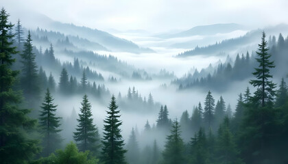 Fototapeta premium Misty Mountain Forest Landscape with Atmospheric Fog