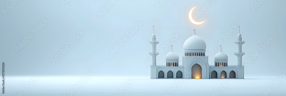 Poster A striking 3D visualization of an Islamic mosque bathed in the soft glow of a crescent moon designed with a balanced minimal composition for website headers or other digital applications