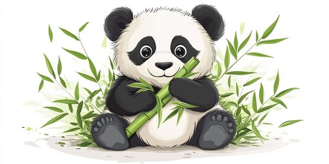  A cute panda cub sitting and munching on bamboo, surrounded by a white background. 
