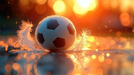 Fototapeta premium Frozen soccer ball with feathers at sunset