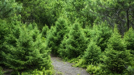 A dense growth of coniferous shrubs lining a hiking path, surrounded by larger trees and forest undergrowth.
