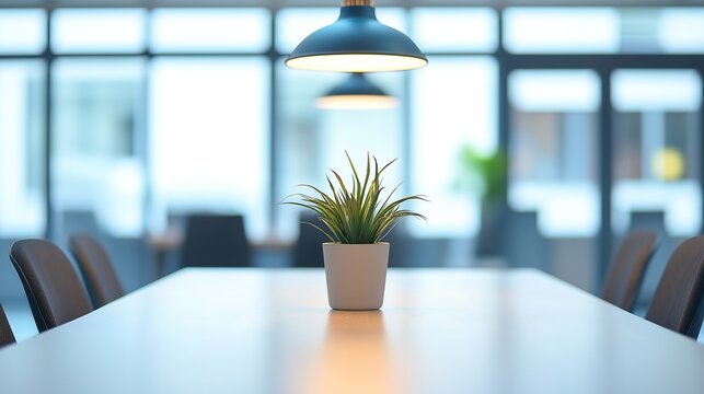 Minimalist meeting table with soft lighting, symbolizing focus and professionalism in a modern workspace.