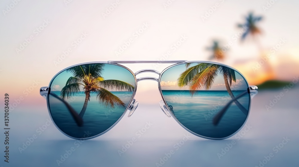 Poster pair of sunglasses with a reflection of a palm tree in the water. the scene is set in a tropical loc