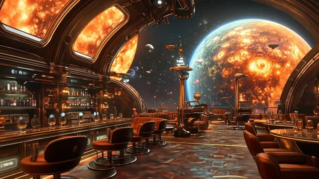 Futuristic space bar, fiery planet background.  Potential stock photo use