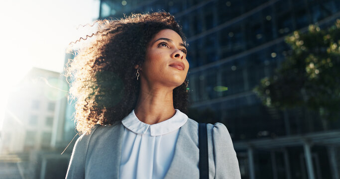 City, hope and thinking with business woman outdoor for idea, inspiration or travel. Building, opportunity and vision with confident corporate professional in urban town for start of new job