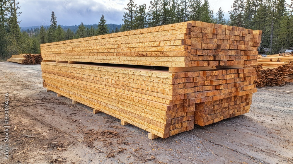 Poster a stack of freshly cut coniferous lumber in a lumberyard, with the surrounding forest visible in the