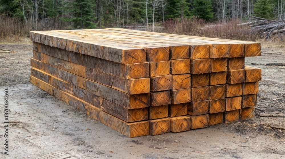 Poster a stack of freshly cut coniferous lumber in a lumberyard, with the surrounding forest visible in the