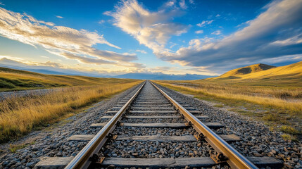 Fototapeta premium A scenic railway track stretches beneath a stunning sky in Armenia, offering a picturesque transport route