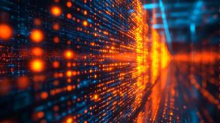 Bright orange and blue digital data stream flowing through a futuristic environment at night