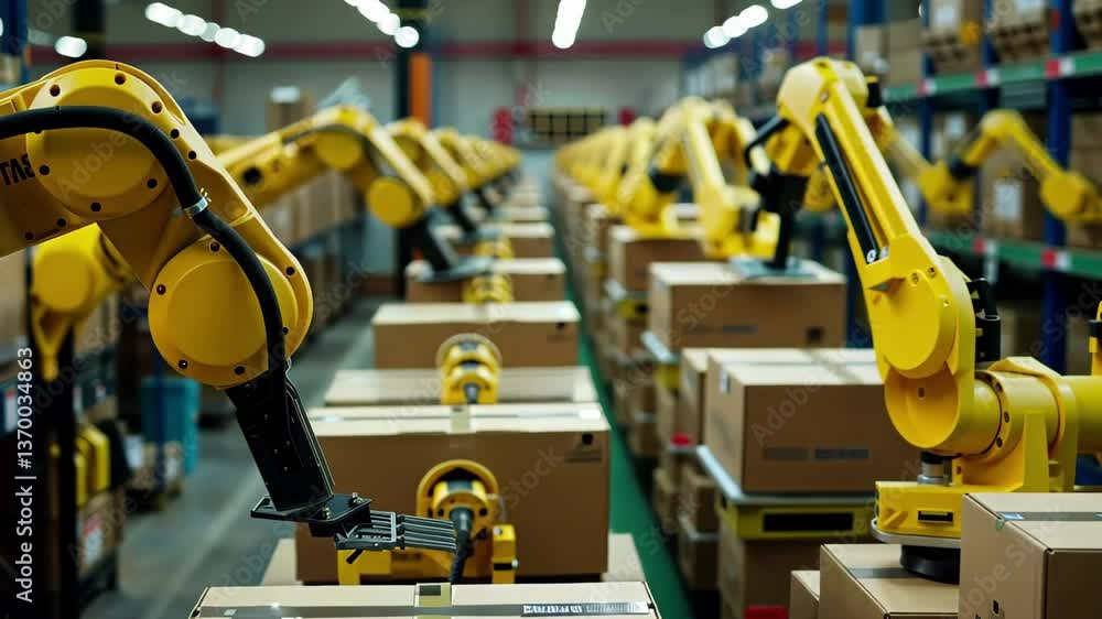 Poster robotic arms efficiently sort and manage packages in a busy warehouse, maximizing productivity durin