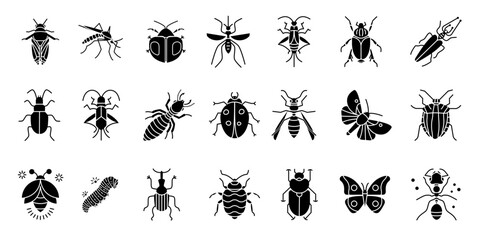 Insects icon set. Signs of a variety of insects, butterflies, pests and parasites. Pest control. Vector illustration