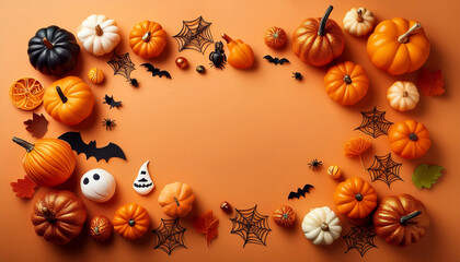 Orange halloween decoration background with pumpkins 