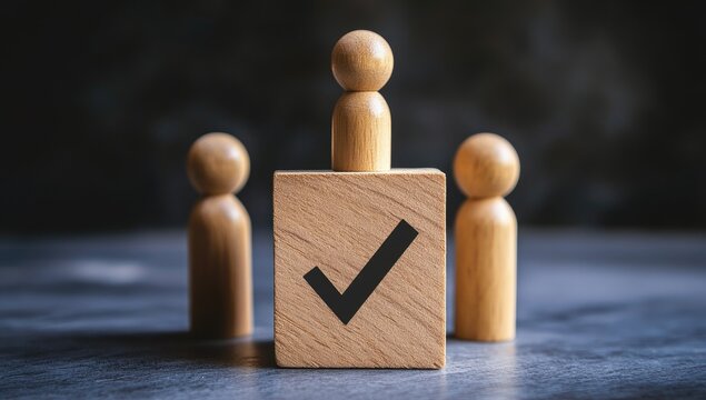 Wooden figures surrounding a marked block