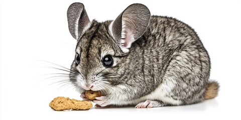  A fluffy little chinchilla nibbling on a treat against a clean white backdrop. 