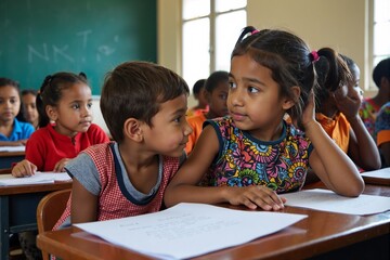two young elementary school children are seated at their desks, their heads bent towards each other in a moment of quiet interaction, possibly sharing ideas, whispering secrets