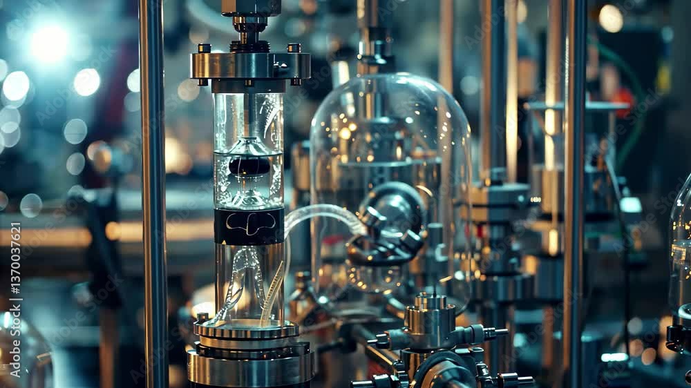 Poster a lab setup with glass tubes and containers reflects various lights in a dark facility, showcasing t