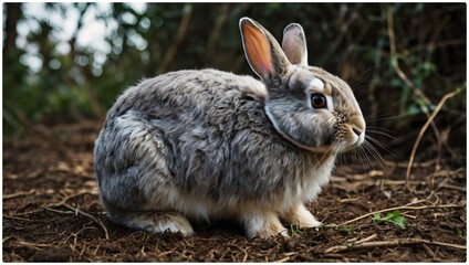 Fototapeta premium Adorable Rabbit in Natural Habitat: A captivating image of a fluffy rabbit in its natural environment, featuring its soft, grey fur and alert expression.