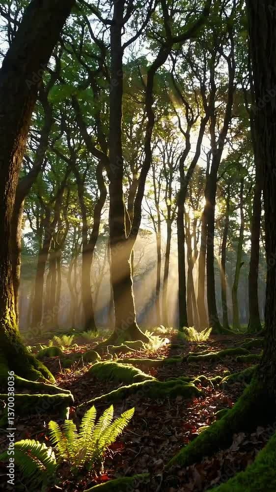 Poster sunlight streaming through enchanted forest canopy with ferns and mossy woods