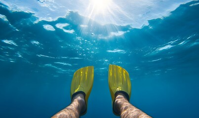 Swim in clear blue water with fins on your feet, Generative AI